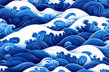 The image is a blue and white wave pattern that is reminiscent of the ocean. The waves are very large and seem to be crashing against the shore