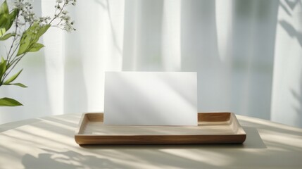 Elegant Minimalist Design Featuring Blank White Card on Wooden Tray Surrounded by Soft Natural Light and Delicate Greenery in a Tranquil Indoor Setting