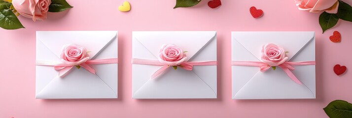 Three elegant white envelopes tied with pink ribbons rest on a soft pink background, accompanied by a delicate rose, creating a romantic Valentine's Day scene.