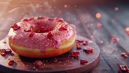 A pink glazed donut with sprinkles and red candies on a wooden table with a blurry background.