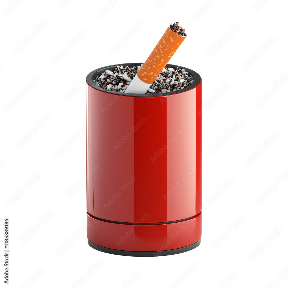 Poster a single partially smoked cigarette rests in a modern red cylindrical ashtray filled with ash.