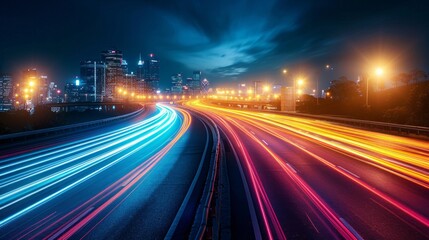 Night cityscape with a highway lit by colorful streaks of light. AI generative. .