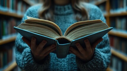 Woman Reading a Book in a Library:  A Moment of Quiet Study and Intellectual Pursuit