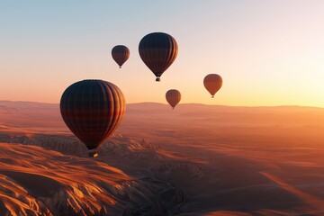 Fototapeta premium Hot air balloons at sunrise over breathtaking desert landscape