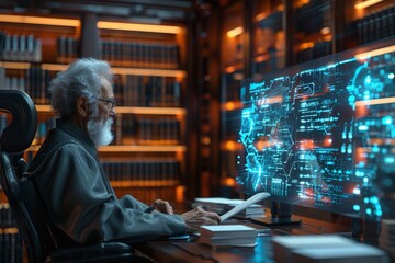 Fototapeta premium An old man in a dark robe sits in a chair and looks at a computer screen with blue digital data. AI generative. .