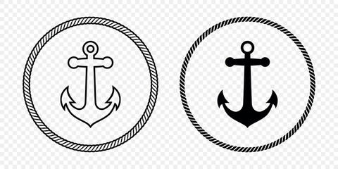 Black and White Anchor Icon Set. Flat Vector Monochrome Anchor Shapes in Circular Rope Frame. Nautical Anchor Symbols, Marine Rope Border Design. Vector Illustration