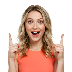 4k backgroundless cutout of a surprised and happy woman pointing