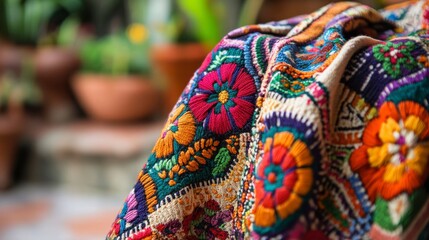 Vibrant Guatemalan Huipil Detail: Colorful Floral Embroidery Close-Up