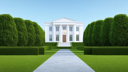 Obraz premium Elegant White Mansion Surrounded by Tranquil Green Landscape