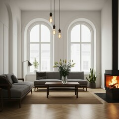 Scandinavian living room, minimalist interior design, arched windows, natural light, wooden floors, grey sofa, round coffee table, pendant light, fiddle leaf fig plant, neutral color palette, high cei