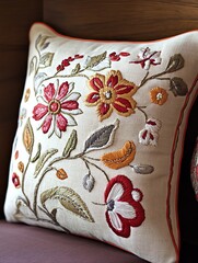 Embroidered cushion cover with ornate, handstitched floral designs, Embroidery, Charming Accents
