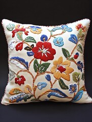 Embroidered cushion cover with ornate, handstitched floral designs, Embroidery, Charming Accents