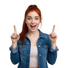 4k backgroundless cutout of a surprised and happy woman pointing