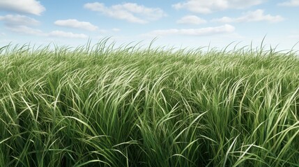 Obraz premium Windswept Green Grass Field Under Blue Sky - Calm Nature Scene