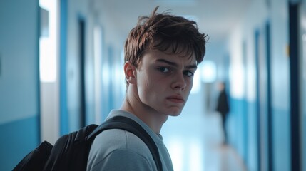 Angry Teen Boy in School Hallway - Portrait