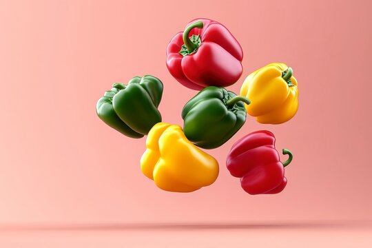 Colorful Bell Peppers Floating on Pink Background - Powered by Adobe