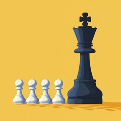 Black king chess piece stands tall behind pawns.