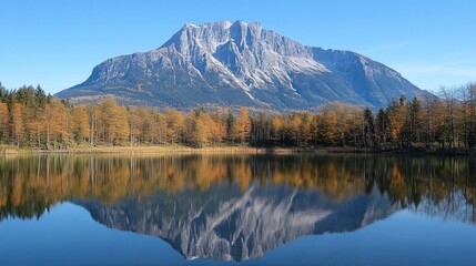 A serene landscape featuring a mountain reflecting in a calm lake surrounded by autumn foliage.