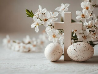 Obraz premium Elegant Minimalist Still Life Featuring Easter Eggs and a Wooden Cross Surrounded by Delicate White Flowers for a Serene Celebration