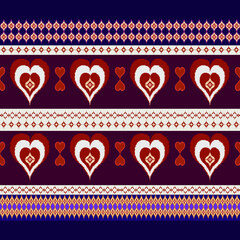 A vibrant seamless pattern inspired by traditional boho Ikat textile designs, featuring bold red and white heart motifs combined with heart pattern and geometric diamonds background.