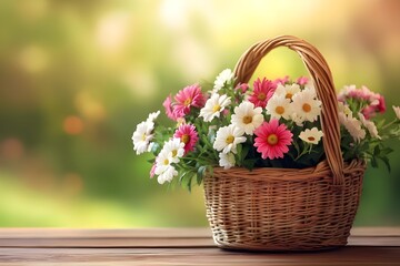 Wicker basket with beautiful flowers on wooden table