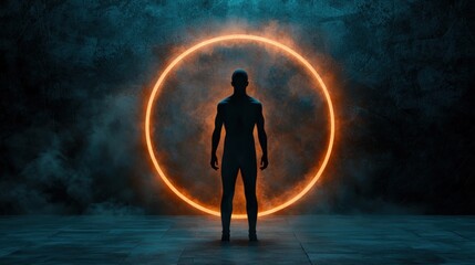 A silhouette stands before a glowing orange circular portal, surrounded by a misty backdrop, evoking a sense of mystery and adventure.