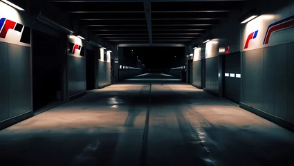 Fototapete Empty interior garages in race circuit. Night time © BRNSN