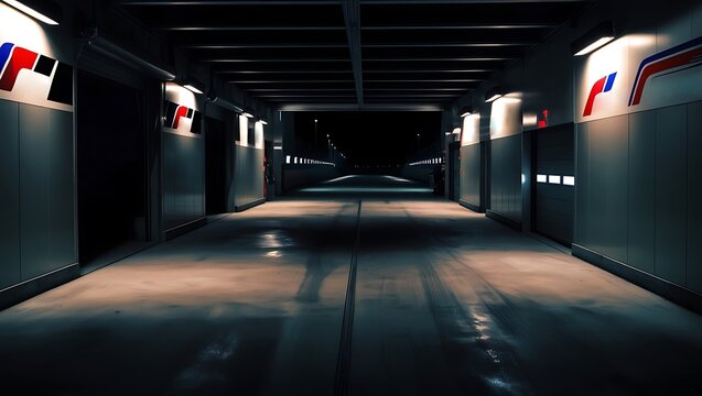 Empty interior garages in race circuit. Night time - Powered by Adobe