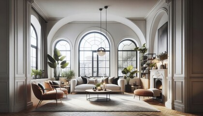 Fototapeta premium Scandinavian living room, minimalist interior design, arched windows, natural light, wooden floors, grey sofa, round coffee table, pendant light, fiddle leaf fig plant, neutral color palette, high cei