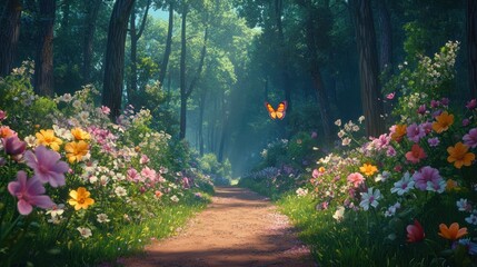 Butterfly flies forest path, wildflowers, sunlit scene, nature background, game design
