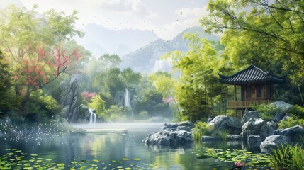 Naklejka premium Tranquil Asian Landscape with Serene Water, Lush Greenery, Waterfalls, and Traditional Pavilion Amidst Peaceful Nature Scenery and Misty Mountains