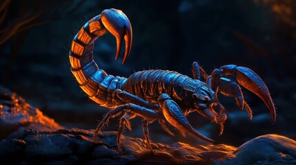 A metallic-looking scorpion in a dark, fiery environment.