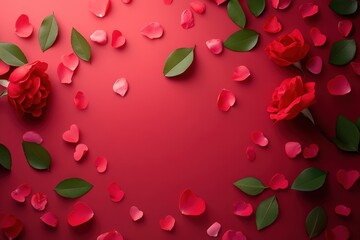 A romantic display of vibrant red rose petals scattered gracefully across a rich red surface, creating an enchanting atmosphere of love and passion.
