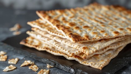 Closeup of a stack of matzah, a traditional unleavened bread eaten during Passover.