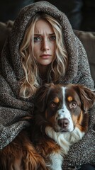 Caucasian woman and dog cozy in blanket on couch