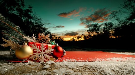 Festive Christmas Gift Scene  Red Present  Ornaments  Snow  Sunset