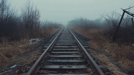 Fototapeta premium Foggy railway tracks disappearing into a misty landscape.
