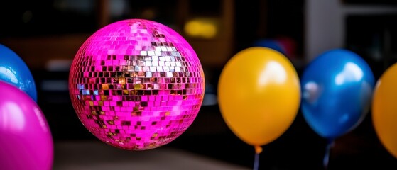 Pink Disco Ball with Colorful Balloons  Party Background  Festive Celebration