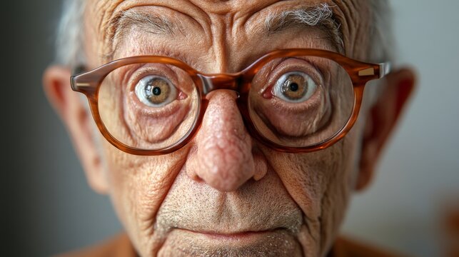 Elderly man with wide eyes and exaggerated expression, symbolizing surprise, curiosity, and the playful exploration of aging perspectives in a vibrant close up portrait