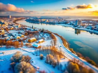 Snowy Kuban River Panorama: Tilt-Shift Winter Cityscape in Krasnodar