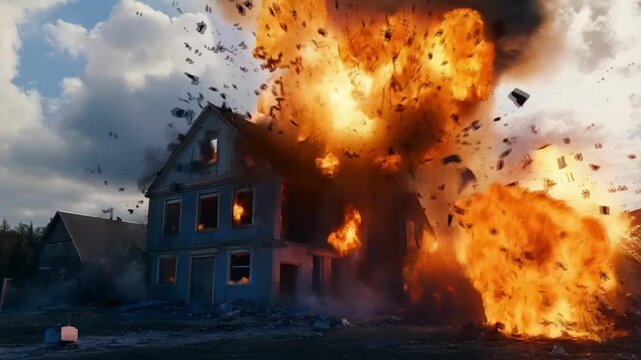 Scene of a house exploding due to an attack, seamless looping motion for background video animation.