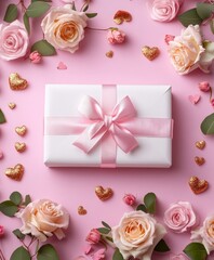 A charming white gift box adorned with a delicate pink ribbon and vibrant pink flowers, perfect for expressing love on Valentine's Day.