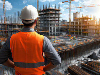 A construction manager surveys the site, ensuring safety and efficiency while overseeing workers on a bustling building project, showcasing the collaborative effort in urban development.