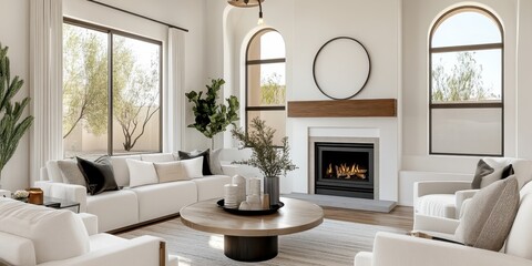 Scandinavian living room, minimalist interior design, arched windows, natural light, wooden floors, grey sofa, round coffee table, pendant light, fiddle leaf fig plant, neutral color palette, high cei