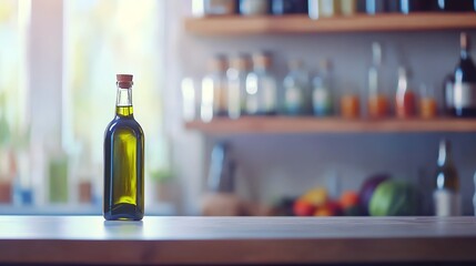 A bottle of olive oil sits on a kitchen counter, surrounded by colorful ingredients in a modern setting.
