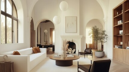 Scandinavian living room, minimalist interior design, arched windows, natural light, wooden floors, grey sofa, round coffee table, pendant light, fiddle leaf fig plant, neutral color palette, high cei