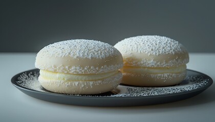Two cream filled pastries dusted with powdered sugar on a black plate.