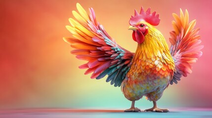 Fototapeta premium Vibrant Rainbow Rooster: A Colorful Digital Art Piece of a Majestic Rooster with Spread Wings