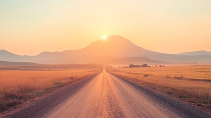 Fototapeta premium Sunrise over a long, straight road leading to distant mountains.