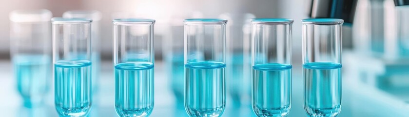modern laboratory setting close-up concept. Laboratory test tubes with blue liquid on a scientific workspace.